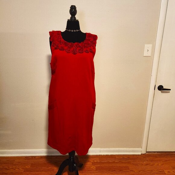 Forever Woman Red Sleeveless Dress with Floral Neckline Size 3X - Picture 1 of 5